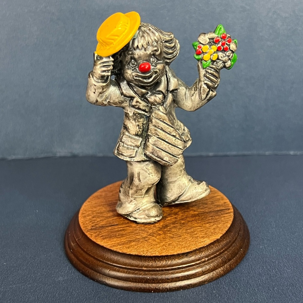 Vintage Rare George Good Cast Pewter Clown On Wood Base With Flowers 3" Tall